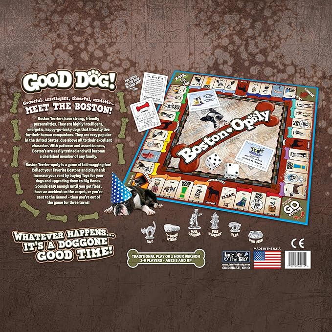 Late for The Sky Boston Terrier-Opoly Board Game for Dog Lovers Family Strategy and Party Fun 2-6 Players Ages 8+ Collectible Tokens Property Trading Theme Great Gift for Kids and Adults