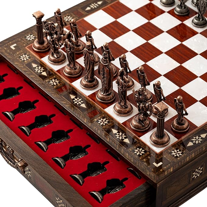 Luxury Wooden Chess Set with Metal British Army Pieces – Handmade Walnut Chess Board with Storage – Decorative Gift for Adults &amp Father Gift (Rose)