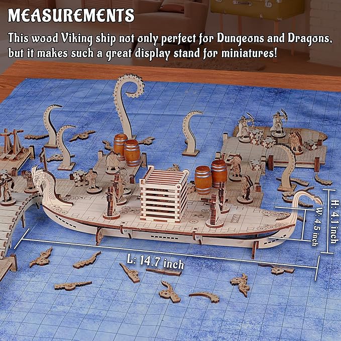 CZYY Miniatures Viking Longship Wood Laser Cut 1 Inch Square Grid Ship Battle Map for D&ampD Dungeons and Dragons Pathfinder or Other Tabletop RPG