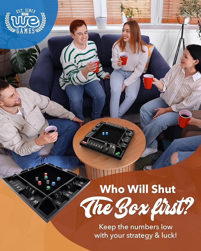 WE Games Wooden Shut The Box Game 4 Player - 10 Number Tiles &amp 8 Dice - Large 14-Inch Black Stained Wood Finish