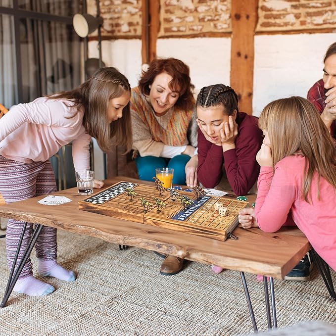 Horse Racing Board Game - 23x12 - Derby Classic Horse Race Game with 11 Metal Horses - Foldable Wood Horse Game with Dice Premium Chips &amp 2 Packs of Cards - Rustic Brown