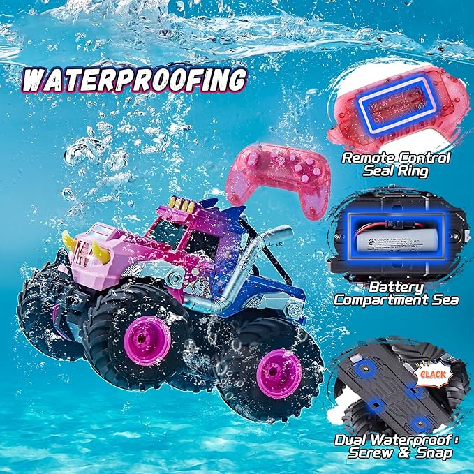 Remote Control Car for Girls Waterproof Pink Monster Truck Toys W/Blocks &amp 360°Spin 1:18 Amphibious RC Cars 4WD All-Terrain Off-Road RC Trucks Birthday Gifts Pool Toys for Kids Age 3-12