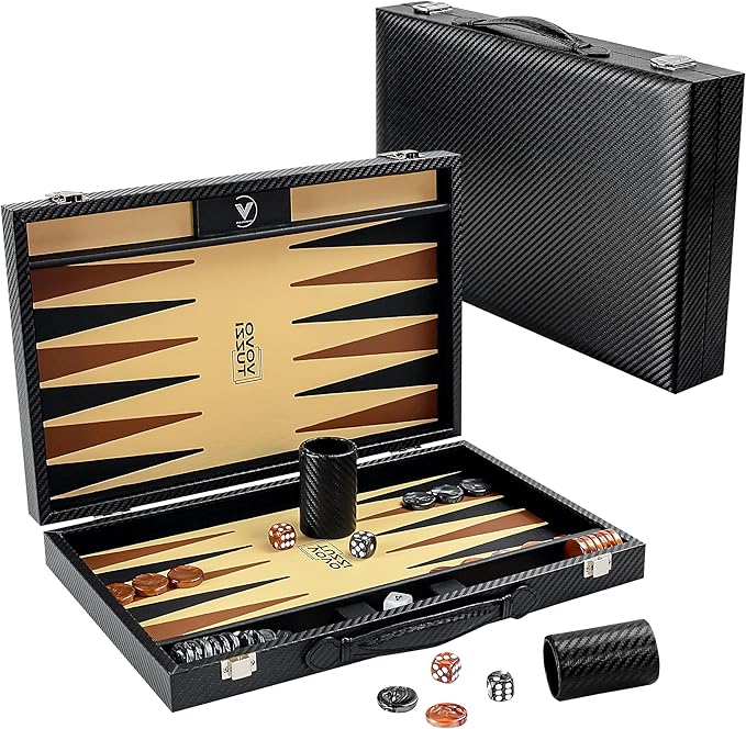 Backgammon Sets for Adults 15 Inch Backgammon Board Game Premium Carbon Fiber PU Leather Backgammon Set with Checkers &amp Dices Large Black Travel Backgammon