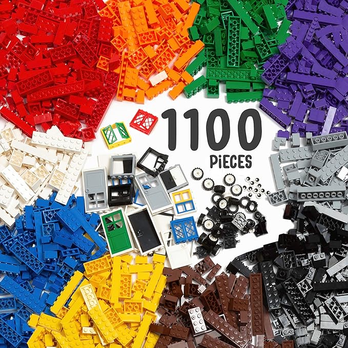 Play Platoon 1100 Pieces Building Bricks Set - 10 Classic Color Blocks - Bulk Building Blocks Compatible with Major Brands - 14 Different Shape Bricks - Includes Wheels Tires Axles Windows &amp Do