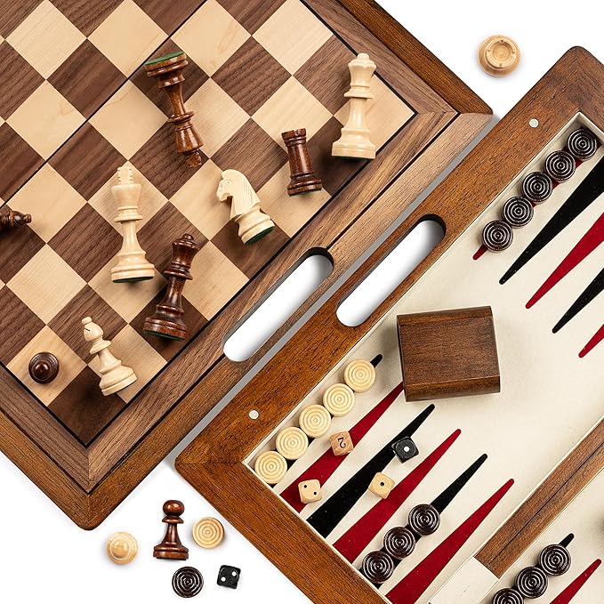 15.5'' Deluxe Solid Wood 3-in-1 Chess Set: Portable Chess Backgammon and Checkers with Hollow Handle Box Folding Board for Travel Suitable for Adults