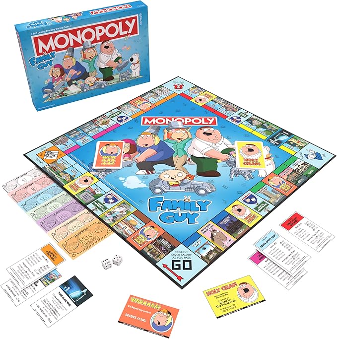 Monopoly: Family Guy Board Game Featuring Banana Brian Giant Chicken Rupert and More Buy Sell Trade Quahog’s Locations from McBurgertown to Wild West Ranch Officially Licensed Family Guy Game