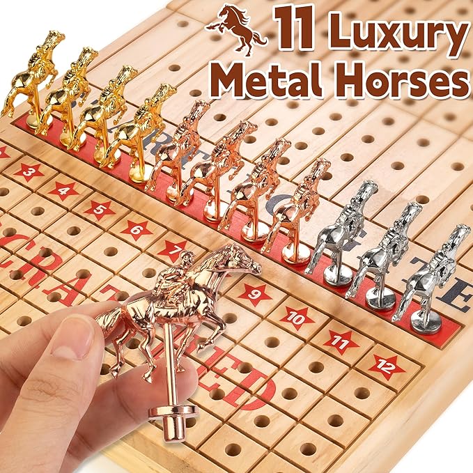 Bravmate Large 21 Inches Horse Race Board Game Solid Wood Foldable Horse Racing Game with 11 Luxury Metal Horses 2 Wooden Dice 2 Boxes of Cards 80 Chips for Parties