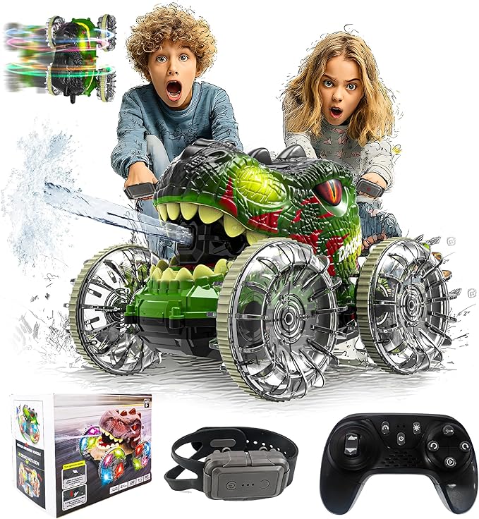 BEZGAR Monster Truck Toys - Dinosaur Toys with LightHand Gesture Sensing RC Cars for Water &amp Land with Water Gun Monster Truck with 360° Spins and Drifting Remote Control Car for Boys 4-7