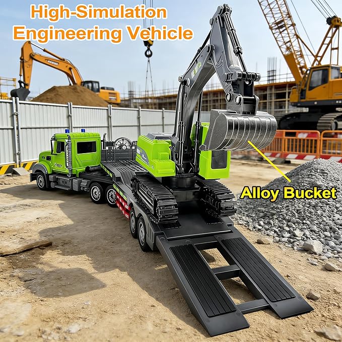11 Channel RC Semi Truck &amp RC Excavator Toy Set 1:12 Remote Control Flatbed Truck with Trailer Engineering Vehicle with Sound &amp Lights Alloy Bucket Excavator Toys Great Gift for Boys Kids