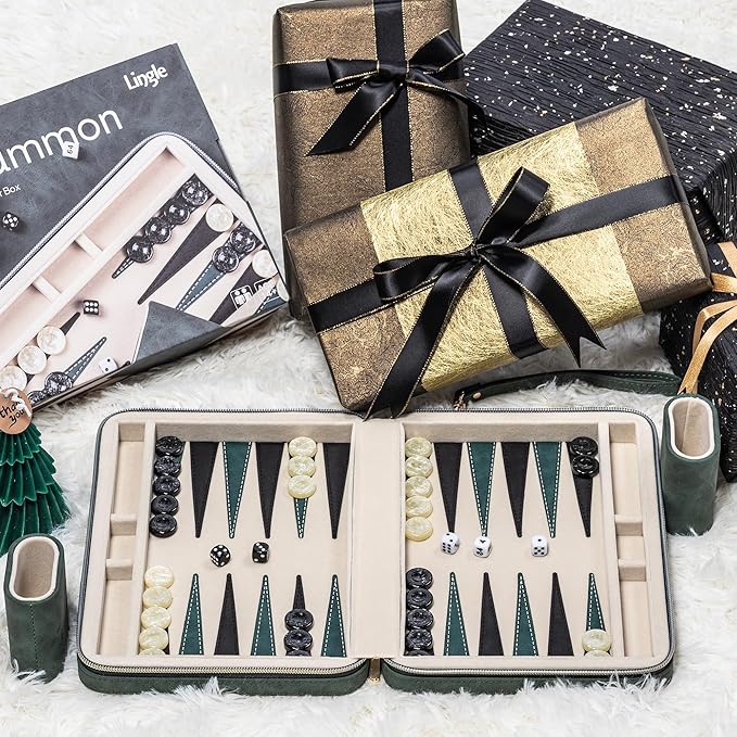 Backgammon Sets for Adults Classic Board Game with Folding Faux Leather Backgammon Case Portable Travel Backgammon Game Set (Green)