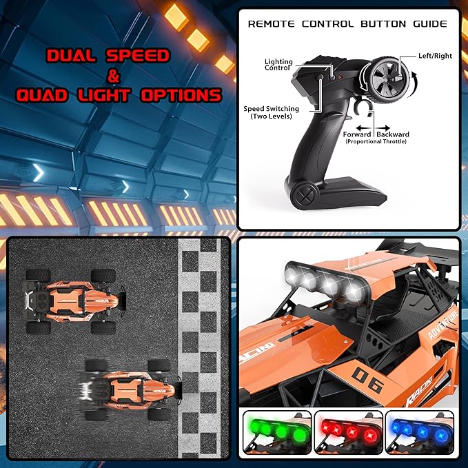 RC Monster Truck for Kids Ages 4–8 1:12 Remote Control Car with Alloy Shell 15.5 MPH (25KM/H) Fast Off Road Orange RC Car with 2 Speed Modes &amp LED Lights 2.4GHz Easy Control Toy Gift for Boys