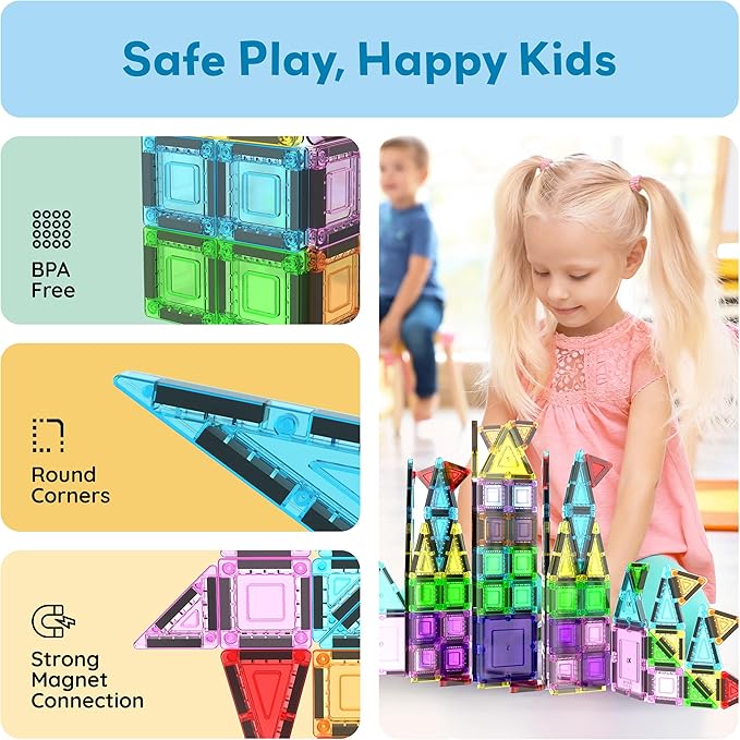 PicassoTiles 100PC Travel Nano Magnetic Tiles Construction Building Blocks Toy with Storage Case Educational STEM Learning Build Kit 3D Magnet Tile Stacking Block Toys for Kids Boys Girls Ages 3+ PN04