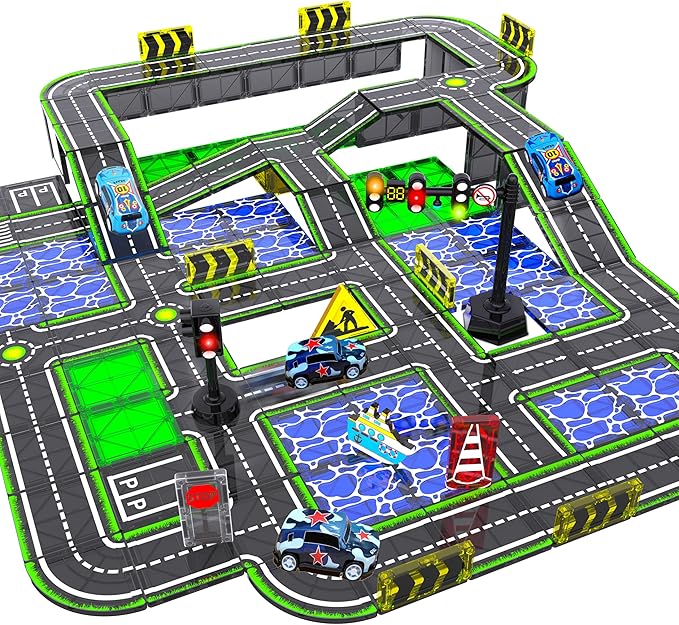 Magnetic Road Tiles Set with Pull-Back CarsMagnet Building Blocks for Kids Ages 4-8 with Magnetic Ship &amp Traffic LightsSTEM Educational Preschool Learning ToysIdeal Gift for Boys and Girls