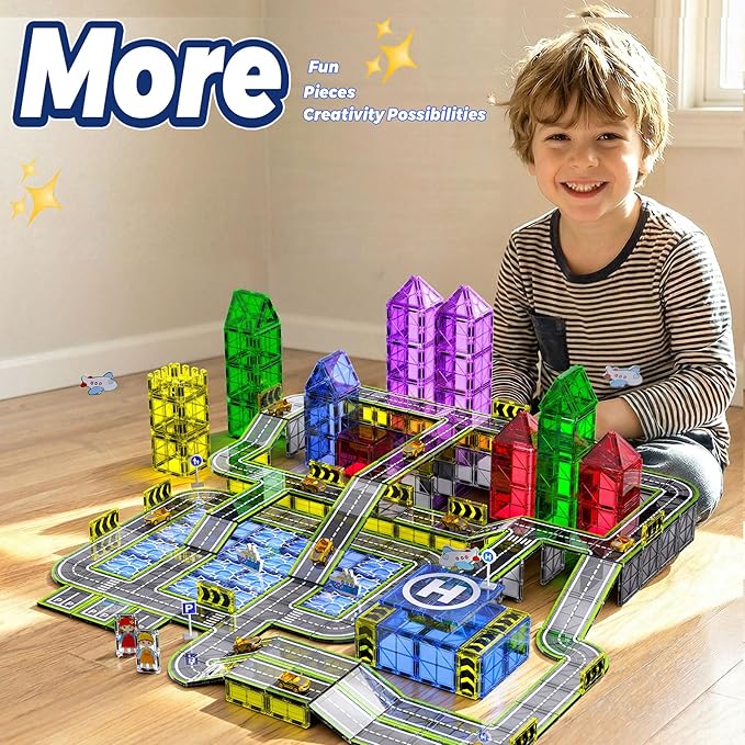 Magnetic Tiles121PCS Magnet Tiles Road Set with Pullback Cars for 3+ year old BoysMagnetic Toys for Kids Ages 4-8 with ShipAirplaneTraffic SignSTEM Classroom Educational Birthday Gifts Toys