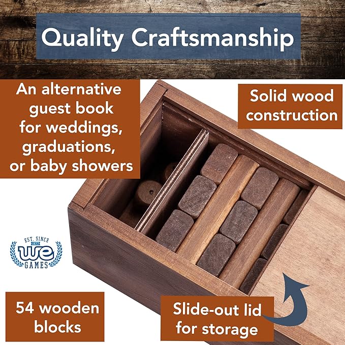 WE Games Wooden Block Stacking Party Game for Adults Tumble Tower Wedding Guest Book Alternative Tabletop Games Includes Storage Case 12 inches