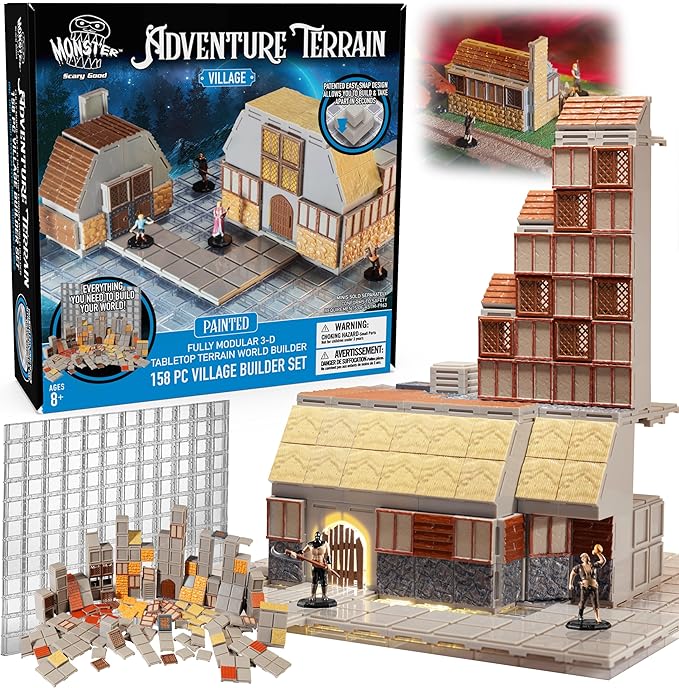 Monster Adventure Terrain - NEW! Village Builder Set (158pc) - 3D Interchangeable Dungeon System w 23 New Tiles - Build Modular Worlds in a Snap &amp Elevate Your Campaign - Compatible with DND