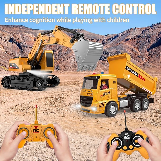 Remote Control Excavator and Dump Truck Toy Set - RC Construction Vehicles Toy with Barricades Road Signs Simulated Rocks Lights and Sounds Birthday Gifts for Toddlers 3-12 year Boys Girls