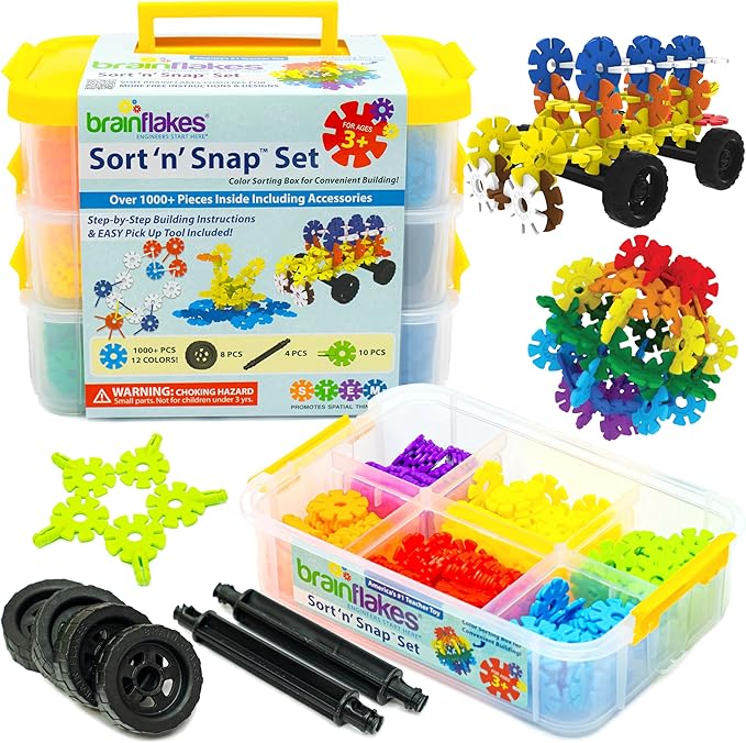Brain Flakes 1000 Piece Sort ‘n’ Snap Set - Wheel Pieces and Special Parts Included - A Great Stem Toy for Both Boys and Girls