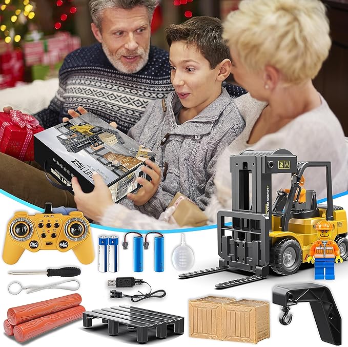 RC Forklift Truck 2 in 1 Transform Lift Fork &amp Hook Kids Forklift Toy 11 Channel Remote Control Forklift for Adults 2 Battery Spray Light RC Construction Vehicles Toy for Kids 6+ Gift