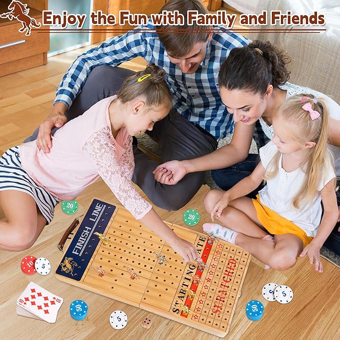 Bravmate Large 21 Inches Horse Race Board Game Solid Wood Foldable Horse Racing Game with 11 Luxury Metal Horses 2 Wooden Dice 2 Boxes of Cards 80 Chips for Parties