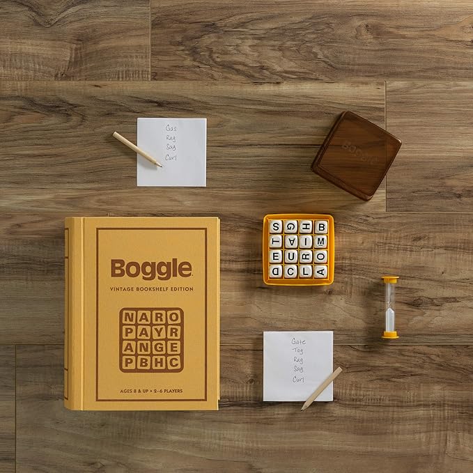 WS Game Company Boggle Vintage Bookshelf Edition Classic Word Games Linen-Wrapped Book Box with Retro 1976 Design Ages 8+