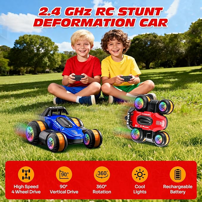 High Speed Remote Control Drift Car for Kids 360 Degree Rotating Deformation Stunt RC Cars for Boys and Girls Ages 3-16 4WD Drift RC Stunt Car with Light for Christmas Birthday Party Gifts (Red)