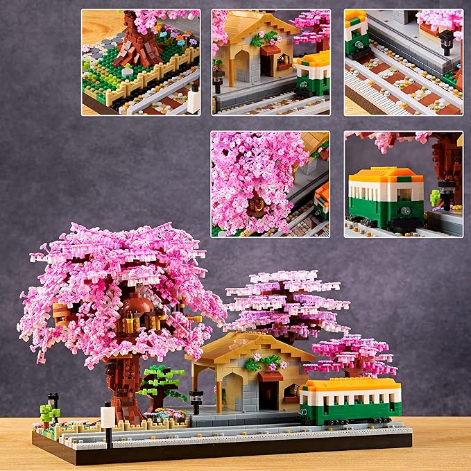 Japanese Cherry Blossom Tree Flower House Micro Building Blocks Set for Adults Bus Station Mini Bricks Model Treehouse Decorative Architectural