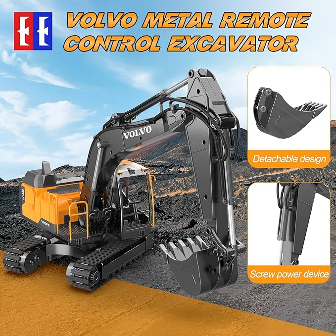 DOUBLE E Volvo 1:16 Scale RC Excavator 3-in-1 Construction Toys with 360° Rotation Metal Shovel Drill &amp Grabber – Professional Grade Remote Control Engineering Vehicle