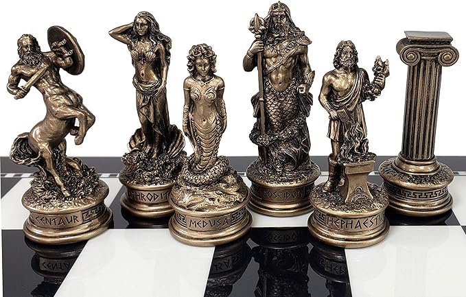 Greek Mythology Olympus Gods Zeus vs Poseidon Set of Chess Men Pieces Bronze and Pewter Color - NO Board