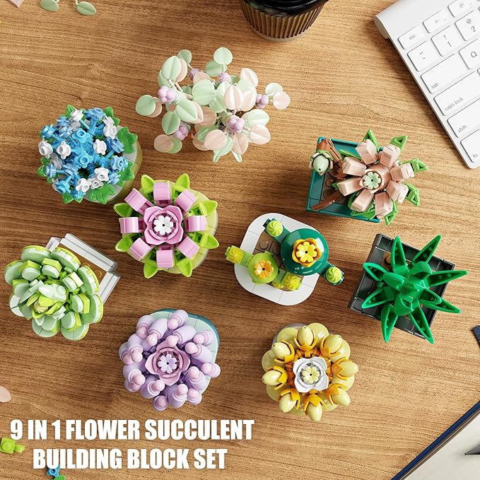 9 in 1 Tiny Flowers Succulents Artificial Plant Set-Creative Botanical Building Block Toy Botanical Collection for Office&ampHome Decor Birthday Gift for Adults and Kids 8-12(832 PCS)