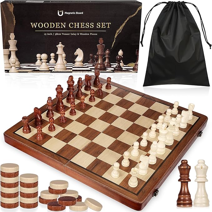 2 in 1 Wooden Chess and Checkers Set - Folding Magnetic Chess Board with Storage Slots Chess Pieces Portable Travel Chess Set for Adults &amp Kids Includes Carry Bag