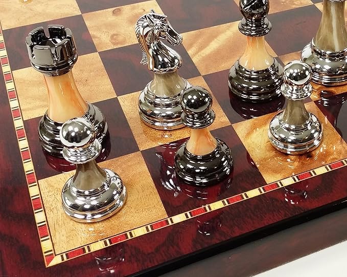 Staunton Chrome &amp Black Chrome Chess Men Set W 18 Gloss Cherry Color Board