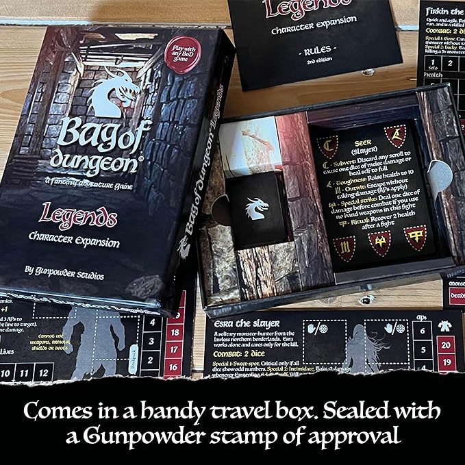 Bag of Dungeon Bag of Dungon Legends Character Expansion Pack - use with Any Board Game - with Added Destiny Skill Cards Encounter Cards and 4 new Brave Heroes - (2nd Edition)