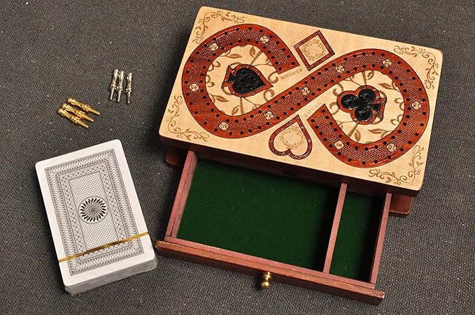 PALM ROYAL HANDICRAFTS 2 Track Cribbage Board Game Set with Magnetic Pull Drawer Playing Cards - Storage Available - Metal Pegs Travel Portable Cribbage Game Sets for Family. (Size - 6.5 x 4)