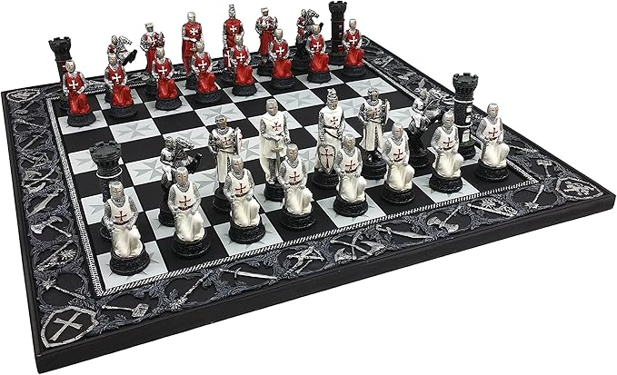 Medieval Times Crusades Red and White Armored Maltese Knights Chess Set with 17 Board