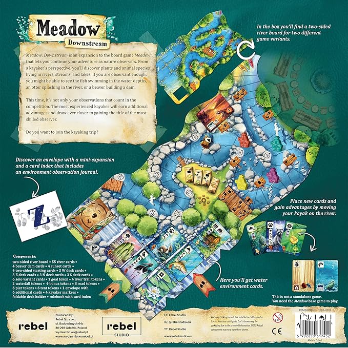 Meadow Downstream Board Game EXPANSION | Strategy Adventure Nature Fun Family for Adults and Kids Ages 10+ 1-4 Players Avg. Playtime 60-90 Minutes Made by Rebel(REBMEAD3)