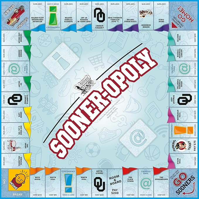 Late for The Sky University of Oklahoma Sooneropoly Board Game – Campus Edition Family Property Trading for 2–6 Players Alumni Students and Fans