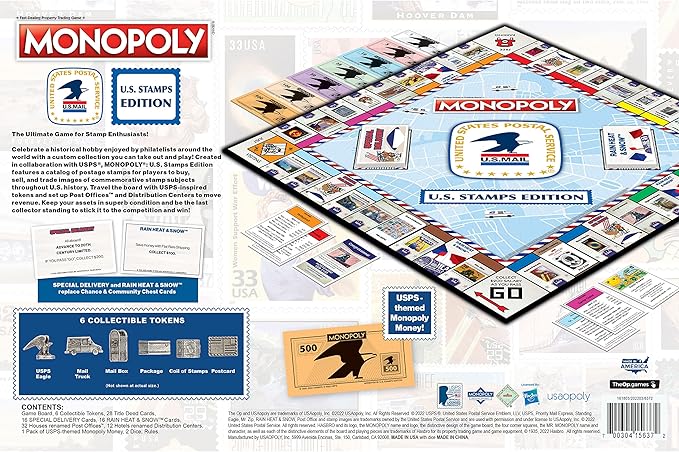 Monopoly: U.S. Stamps Edition | Buy Sell Trade Iconic &amp Collectible USPS Stamps | Classic Monopoly Game | Officially-Licensed United States Postal Service Merchandise