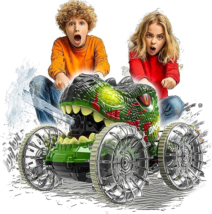 BEZGAR Monster Truck Toys - Dinosaur Toys with Light Remote Control Car for Water &amp Land with Water Gun Pool Toys for Kids with 360° Spins and Drifting Remote Control Car for Boys 4-7