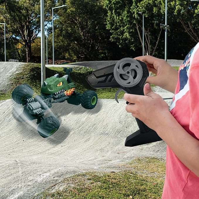 LEXiBOOK Crosslander® Dino Remote Controlled Dinosaur car up to 10km/h Crazy Stunts Pitching Integrated Gyroscope Light Effects Rechargeable RC59D