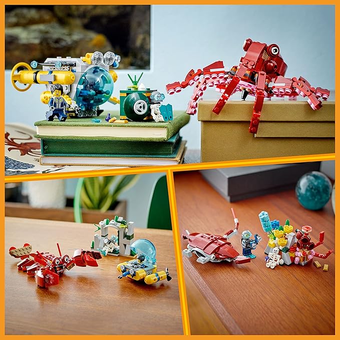 LEGO Creator 3 in 1 Sunken Treasure Mission Submarine Toy Underwater Creatures Transform from Octopus tp Lobster to Manta Ray Fun Sea Animal Figures 31130