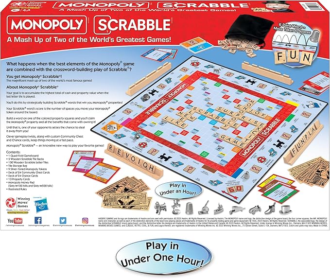 Monopoly Scrabble Game Play in Under ONE Hour Score Your Scrabble Word - Move Your Token By Winning Moves Games USA Mash-Up of 2 of the World's Greatest Games 2 to 4 Players Ages 8+ (1250)