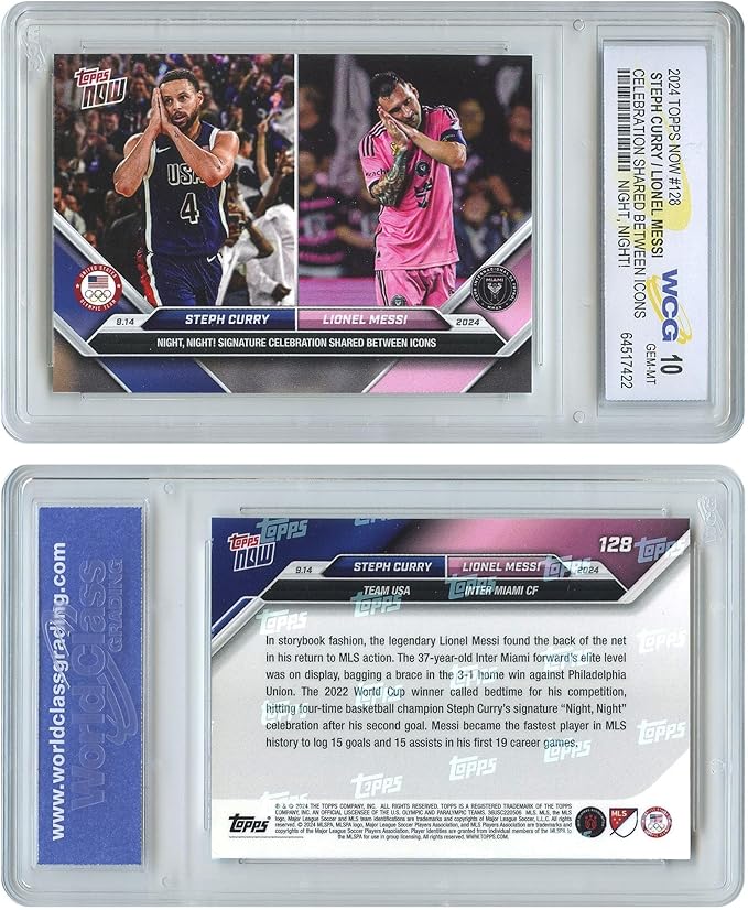 2024 Topps Now Steph Curry &amp Lionel Messi Night! Night! Icons Double Card #128 - Graded GEM Mint 10