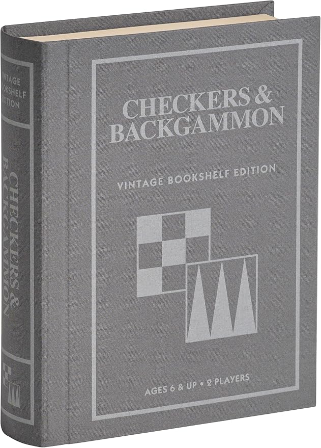 Checkers and Backgammon Vintage Bookshelf Edition by WS Game Company Linen Wrapped Book Box &amp Slipcase - Reversible Board Wooden Pieces - Checkers and Backgammon Sets for Adults &amp Kids Ages