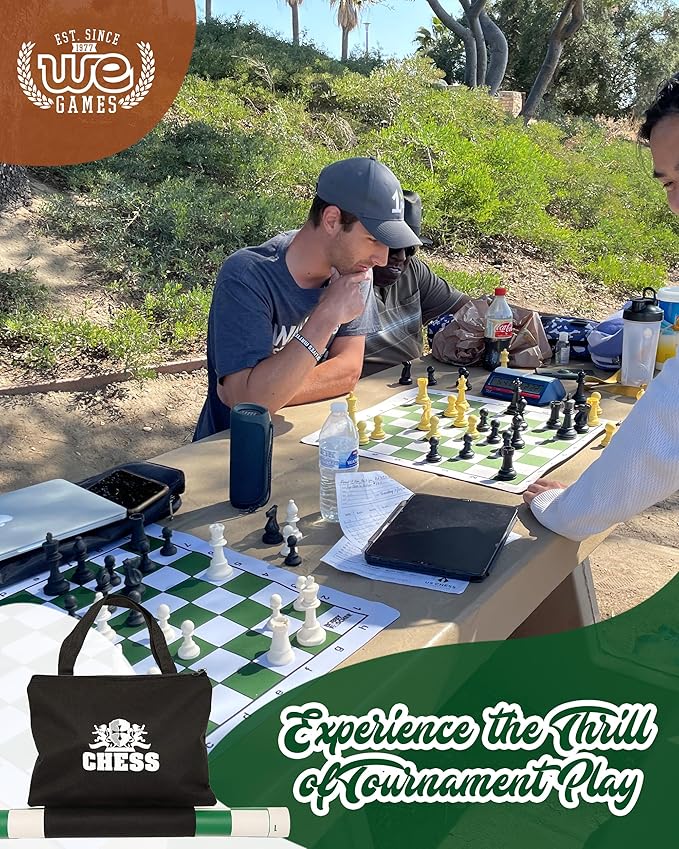 WE Games Chess Set - Tournament Style with 34 Pieces Vinyl Roll-Up Board Storage Bag &amp Equalizer Dice. Ideal for Adults