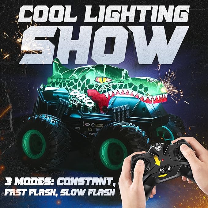 BEZGAR Monster Truck Toys - Remote Control Monster Truck with Light &amp Music Dinosaur Toys for Kids 1:20 Scale RC Truck with 360° Spins and Drifting Remote Control Car for Boys 4-7