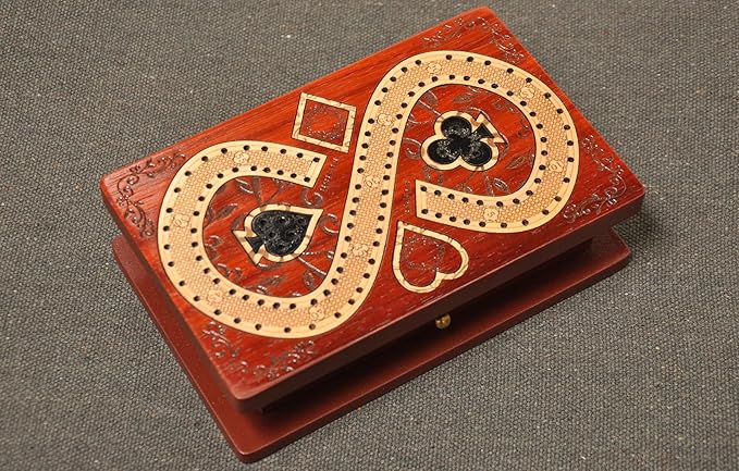 PALM ROYAL HANDICRAFTS 2 Track Cribbage Board Game Set with Magnetic Pull Drawer Playing Cards - Metal Pegs - Storage Available Travel Portable Cribbage Game Sets for Family. (Size - 6.5 x 4).