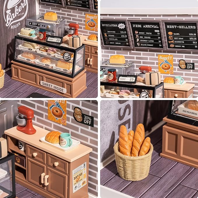 Rolife LED Building Blocks for Adults1:24 Toy Building SetsModel Building KitsDIY Miniature Dollhouse Kits for AdultsHobbies for Women Men (1.Golden Wheat Bakery)