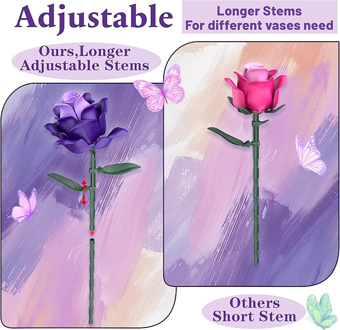 Purple Roses Flower Bouquet Building Sets 834PCS Artificial Flowers Botanical Collection Compatible with Lego Flowers for Adults Gothic Decor Valentines Day Gifts for Her Women Wife Girlfriend Mom