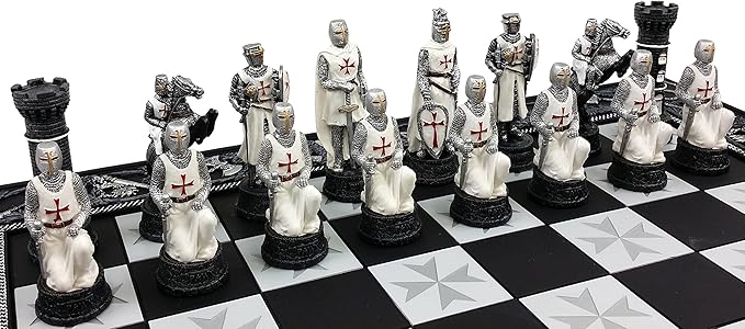 Medieval Times Crusades Red and White Armored Maltese Knights Chess Set with 17 Board